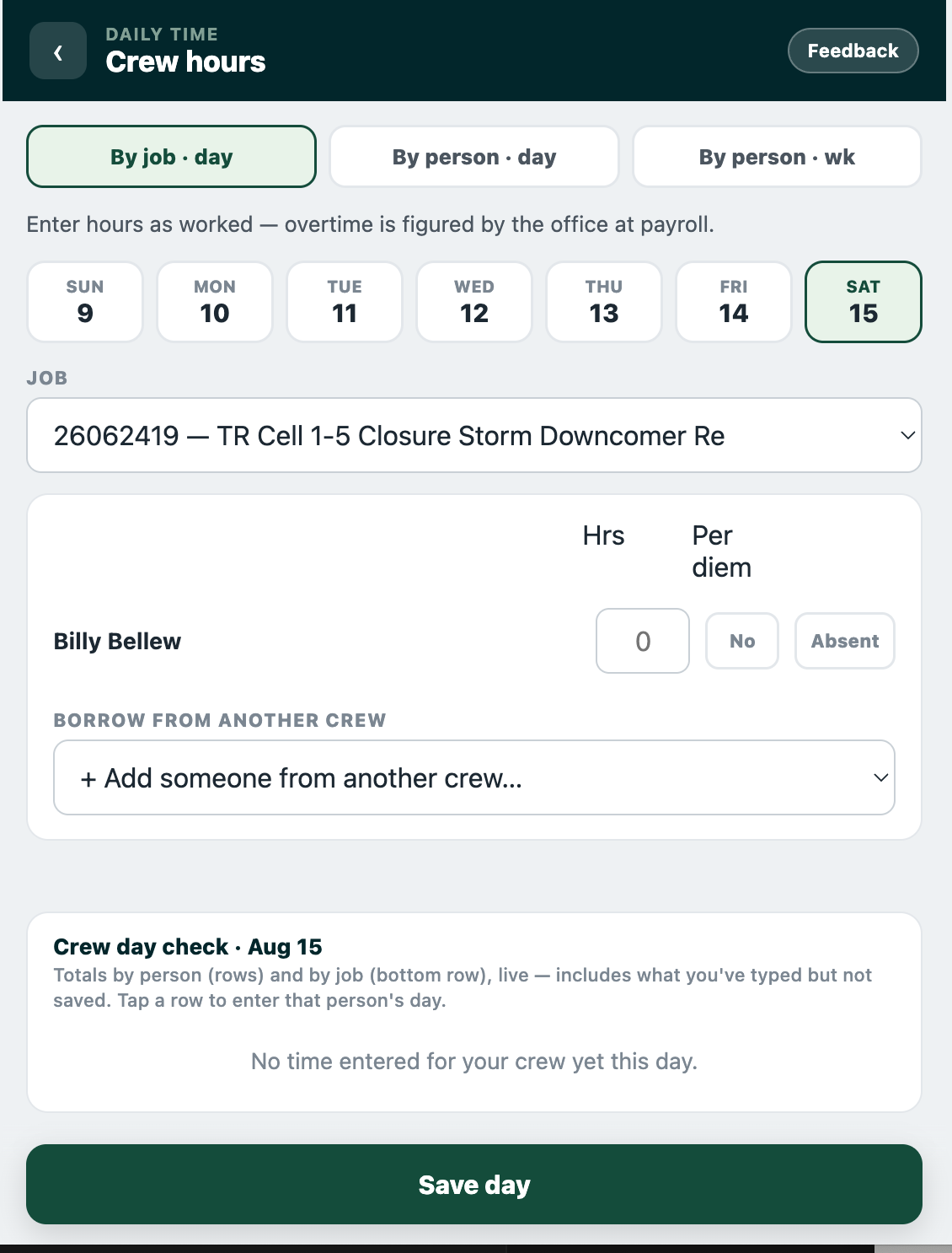 Time entry — by job, day