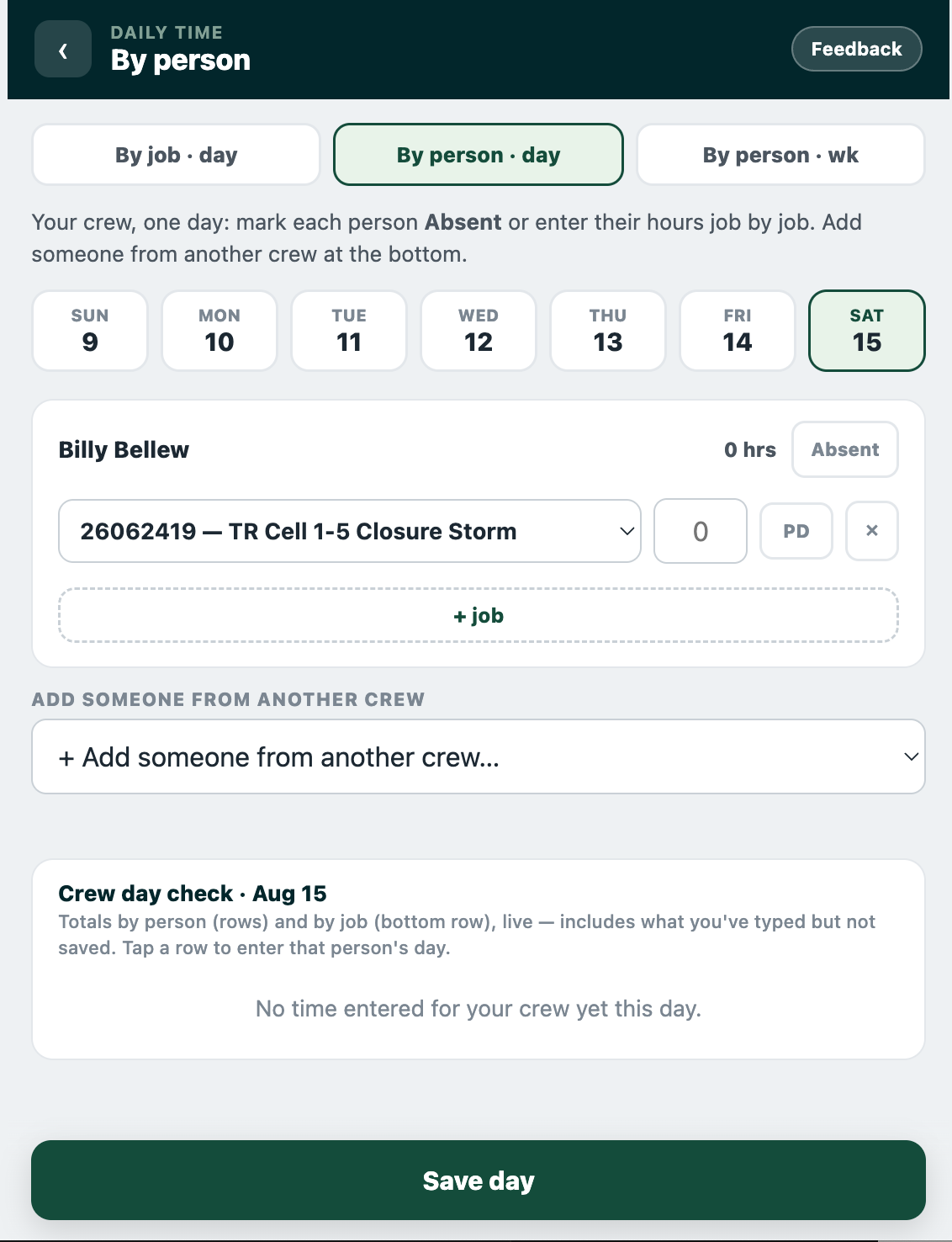 Time entry — by person, day
